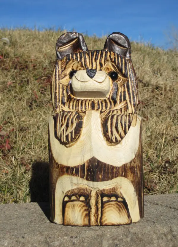 10" Carved Wood Brn. Bear in Stump-Feet Out