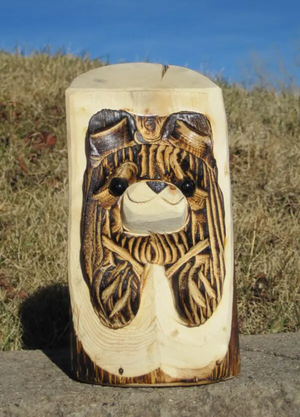 10" Carved Wood Brn. Bear Peeking From Stump